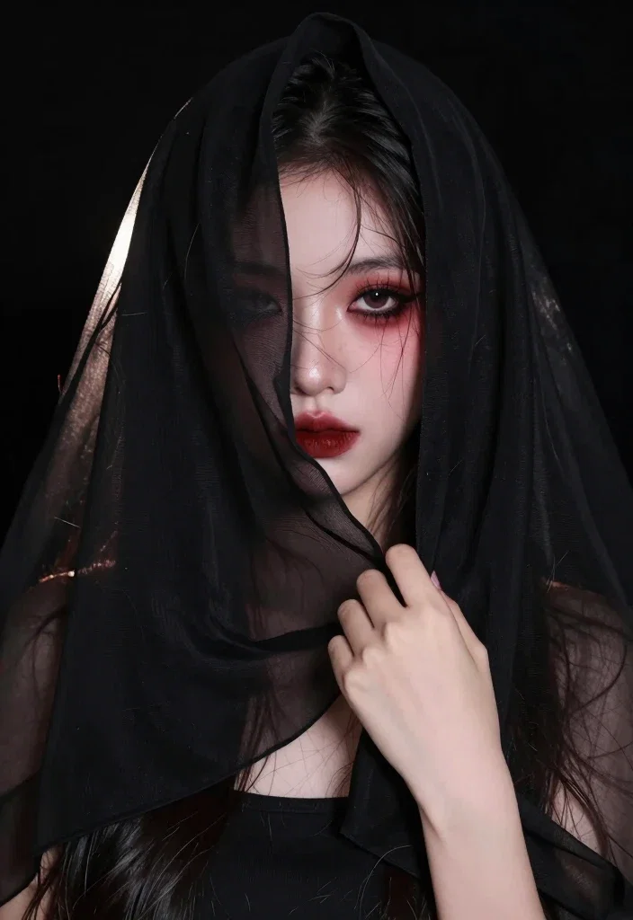 veiled face single eye smudged lipstick dark background