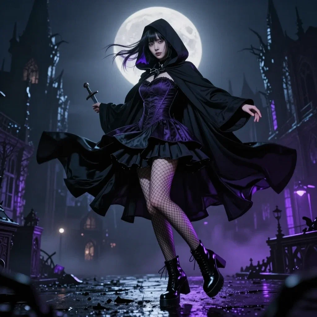korean female assassin gothic cloak aerial spin