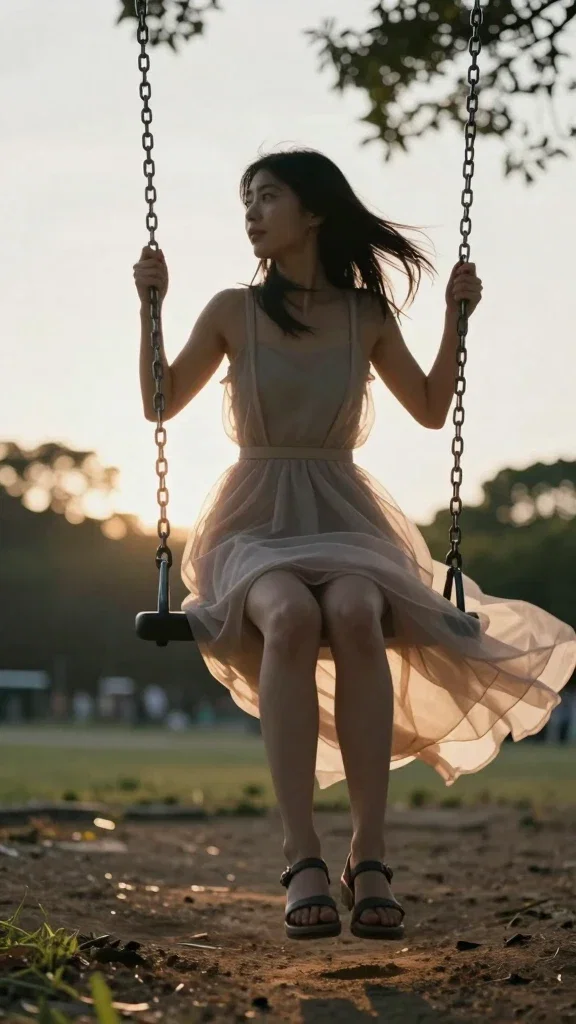 low angle swinging woman in backlit park
