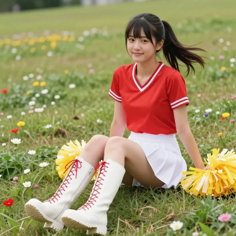 japanese girl cheerleader pom pom sunny field