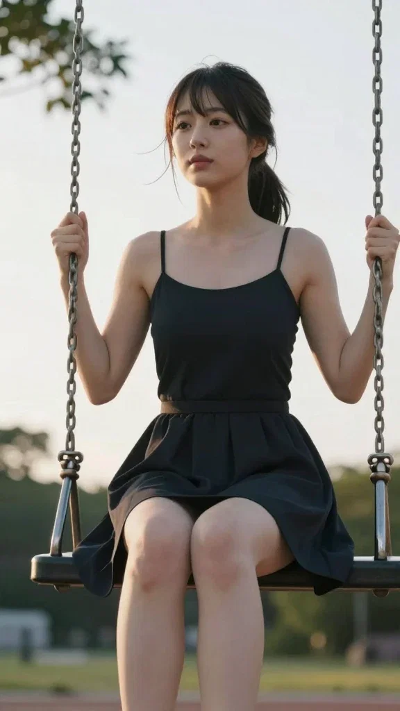 japanese woman on swing at sunset