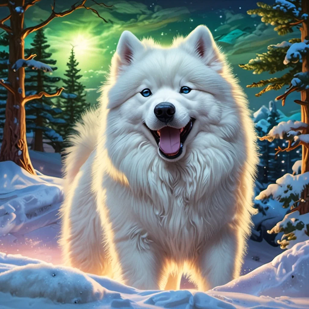 fantasy samoyed snowy northern lights portrait