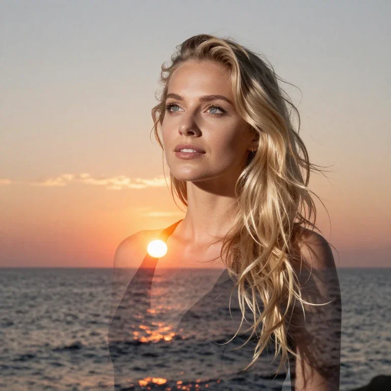 blonde beauty overlapping sunset sea