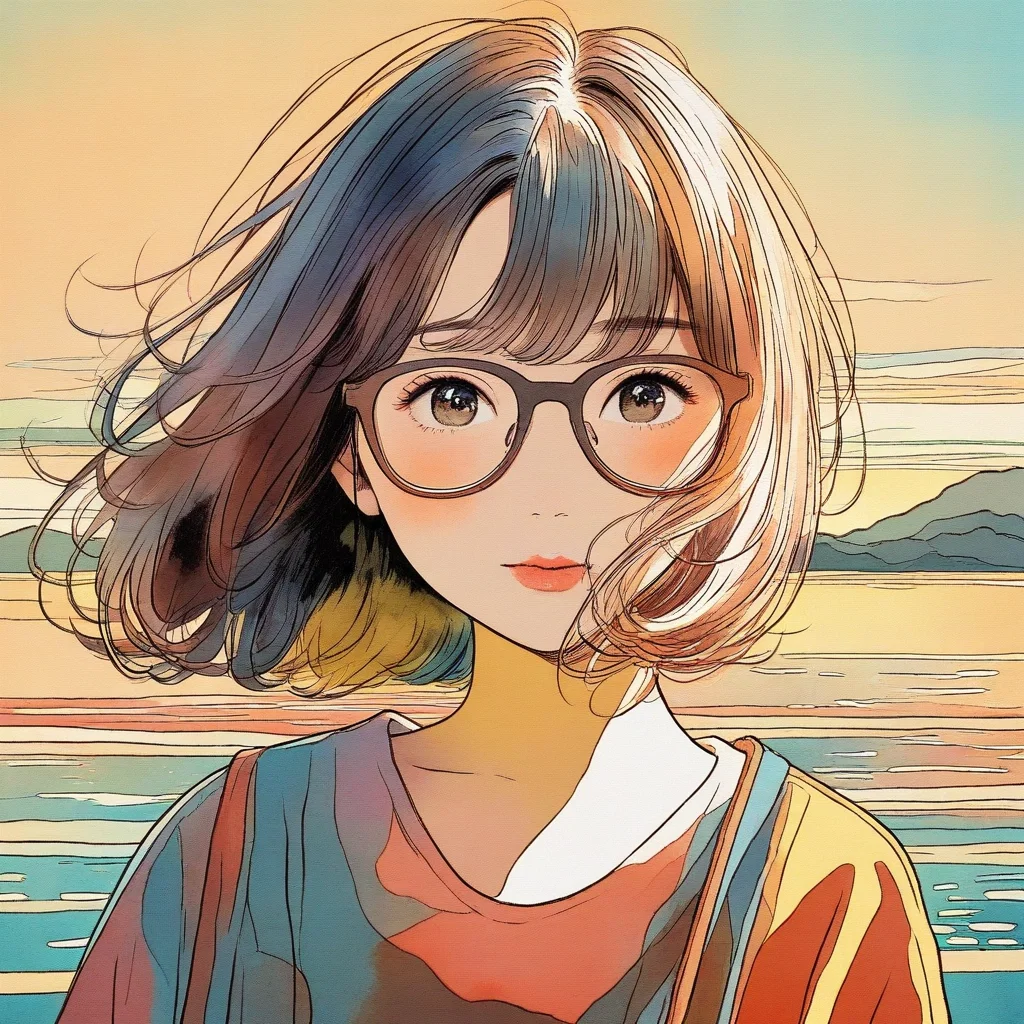 cute girl glasses watercolor painting golden hour