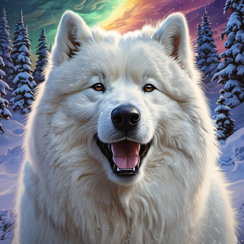 fantasy samoyed portrait snow aurora detailed