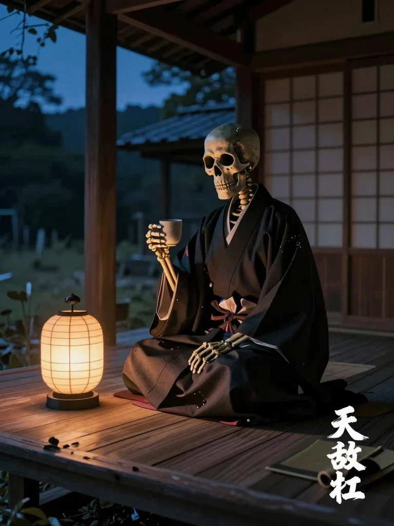 abandoned samurai residence veranda skeleton sake