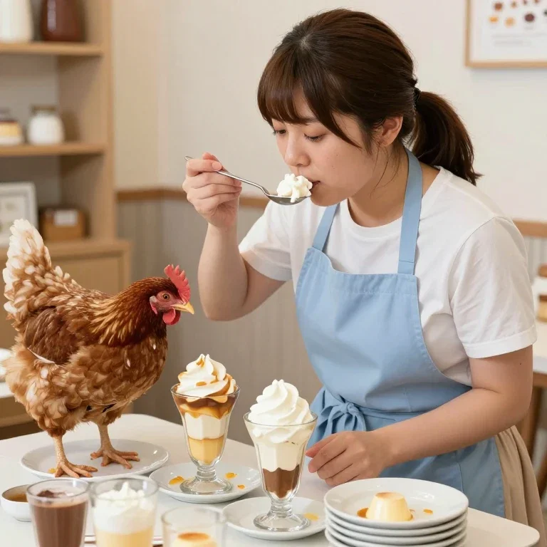 japanese woman eating parfaits with ladle