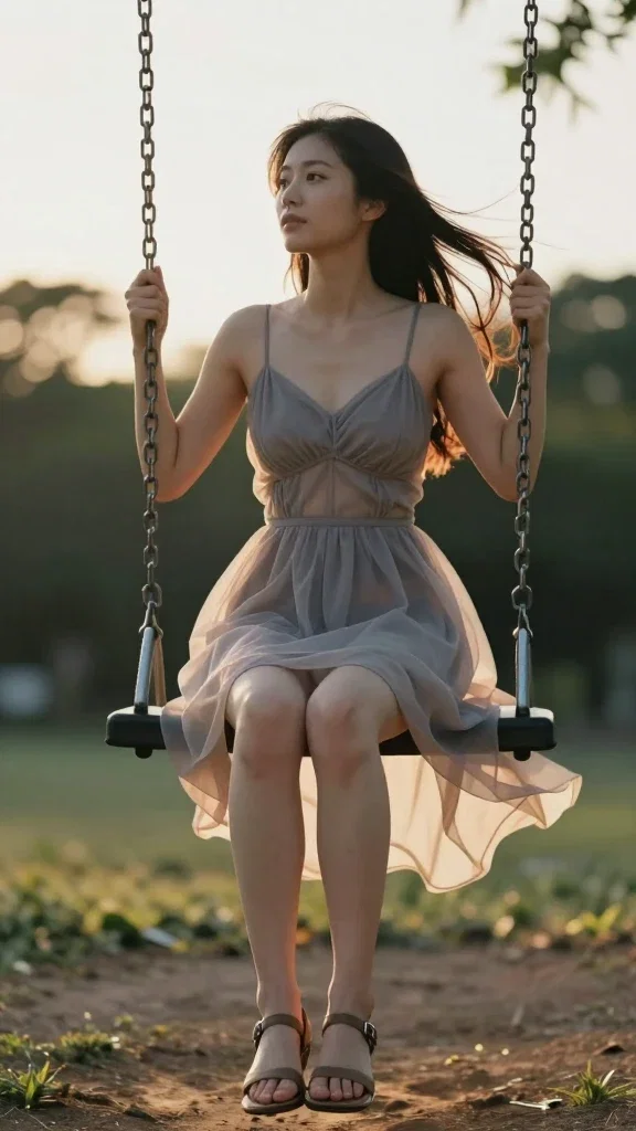 low angle shot of woman on swing at sunset