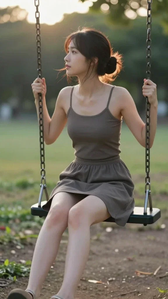 japanese woman swinging in evening light