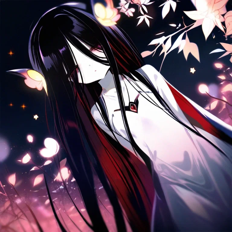 small girl black hair long bangs white skin thin chest