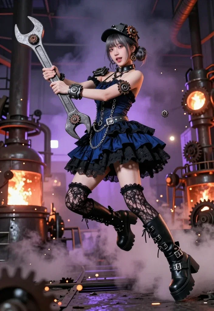 gothic lolita girl industrial wrench factory