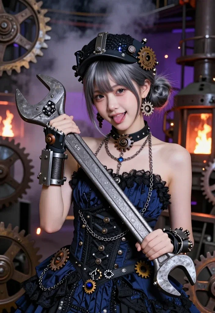 gothic lolita girl embracing wrench in factory
