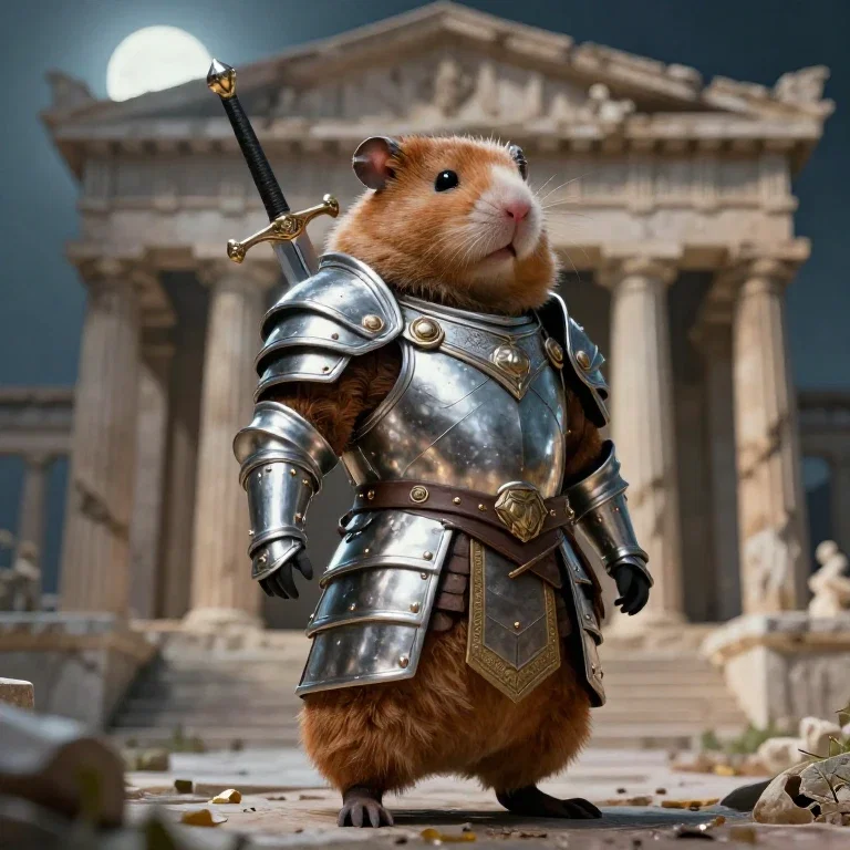 majestic hamster warrior ancient greek temple moonlight