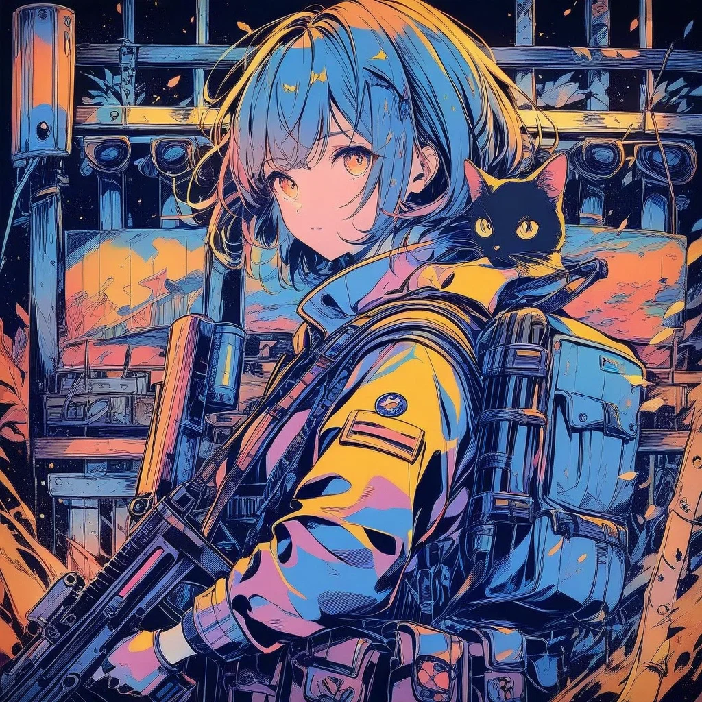 female soldier with submachine gun and cat