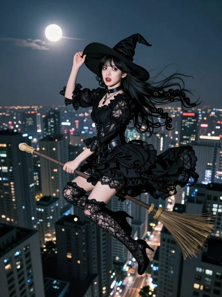 gothic witch flying over nocturnal city