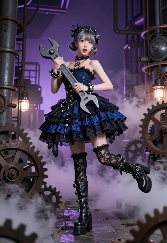 gothic lolita girl industrial factory wrench
