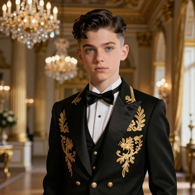 charismatic teen aristocrat in gilded tuxedo
