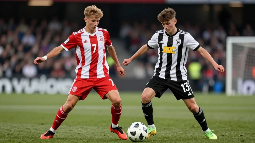 two white european teenage boys fighting for ball