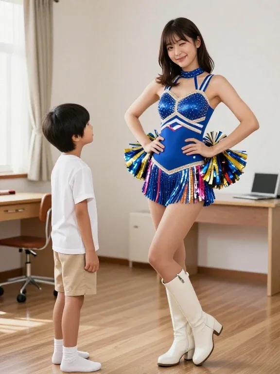 boy captivated by cheerleader in room