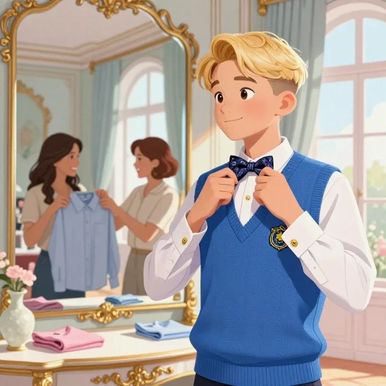 teen boy trying on elegant outfit with family