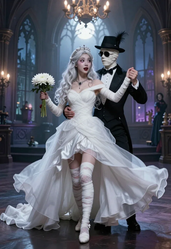 gothic bride and mummy groom waltz in ballroom