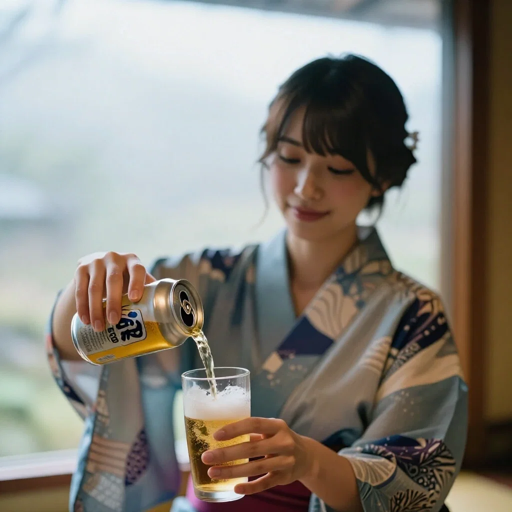 woman in yukata pouring beer in traditional inn