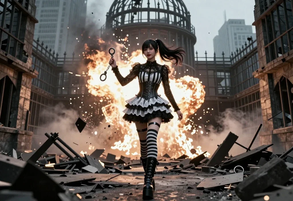 mysterious woman walks from collapsing prison
