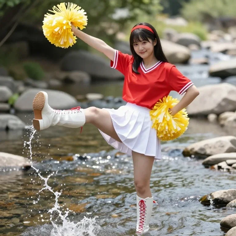 japanese girl in red cheerleading outfit by stream