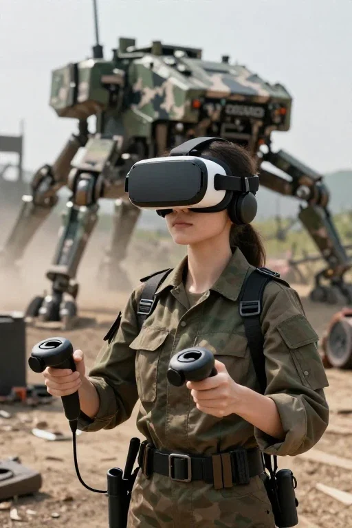vr goggles woman army battlefield mech