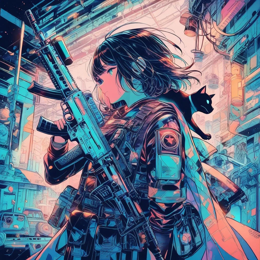 female soldier with assault rifle and black cat