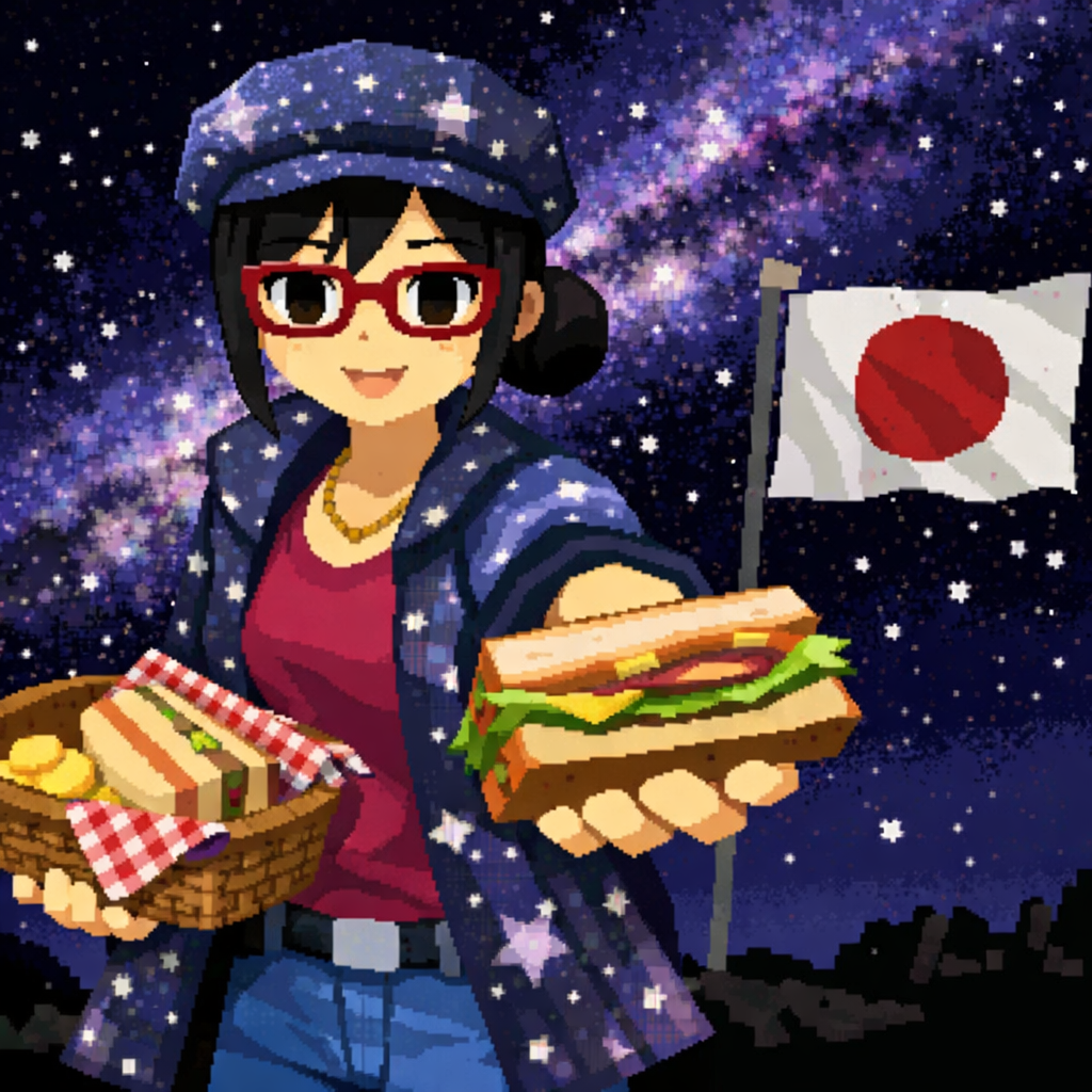 girl offers sandwich under starry sky