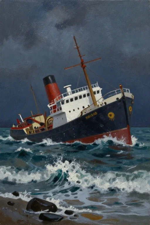 wrecked ship oil painting night sea sinking