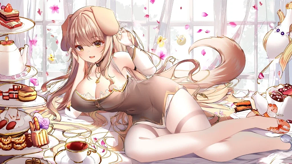 dog ears tail beautiful girl big breasts tea party