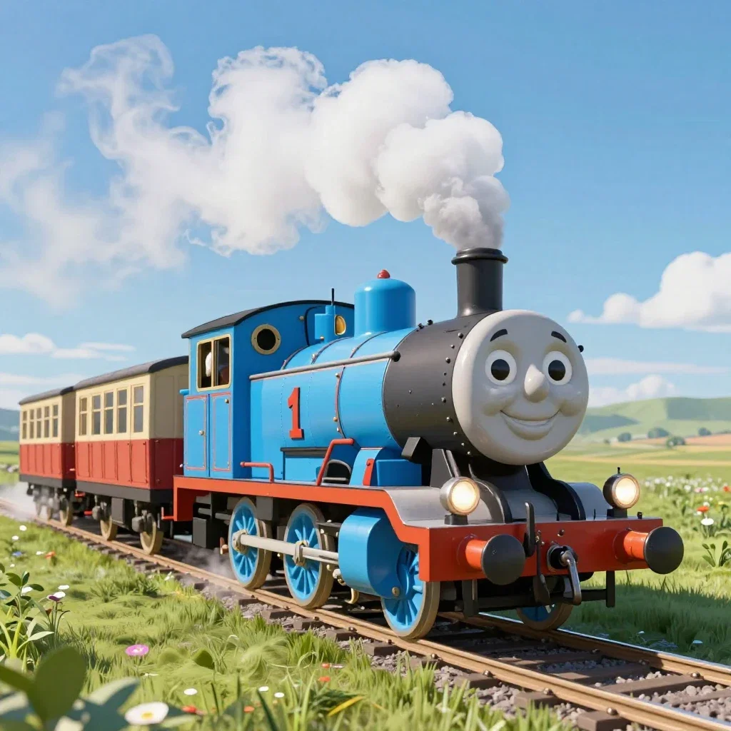 smiling blue steam engine thomas pulling carriages
