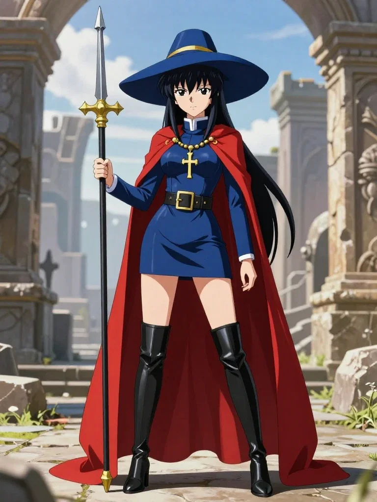 anime holy woman fantasy ruins blue dress lance