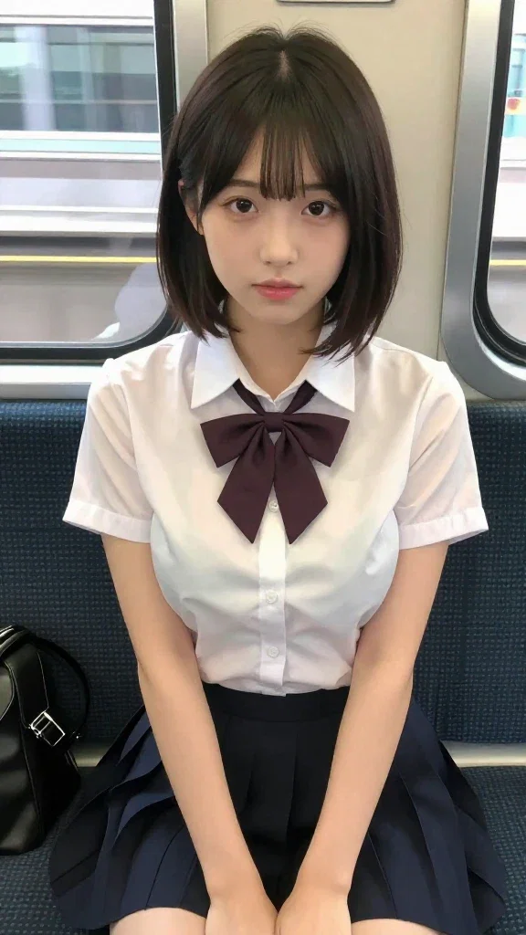cute schoolgirl sitting on train facing camera