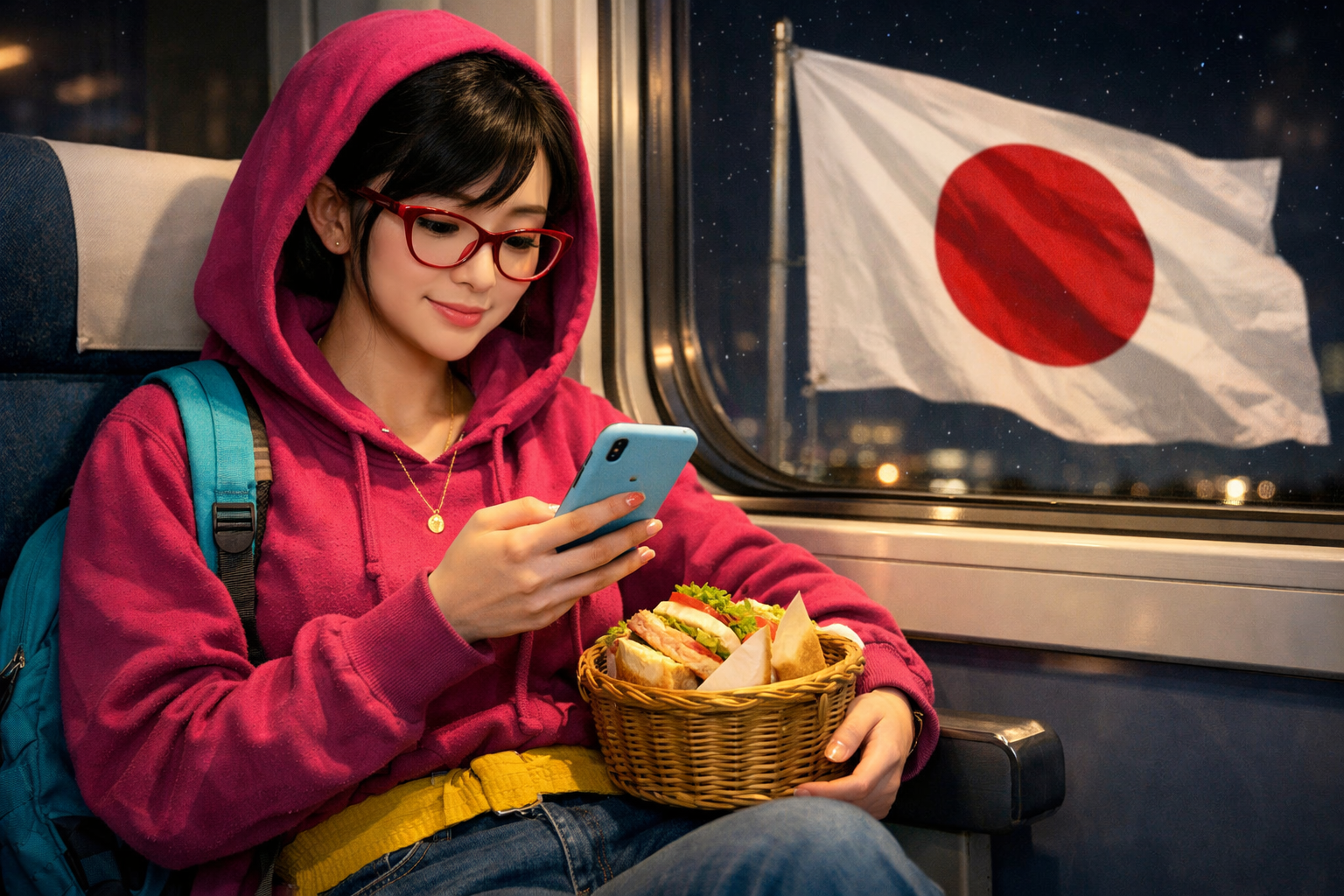 girl on train with smartphone at night