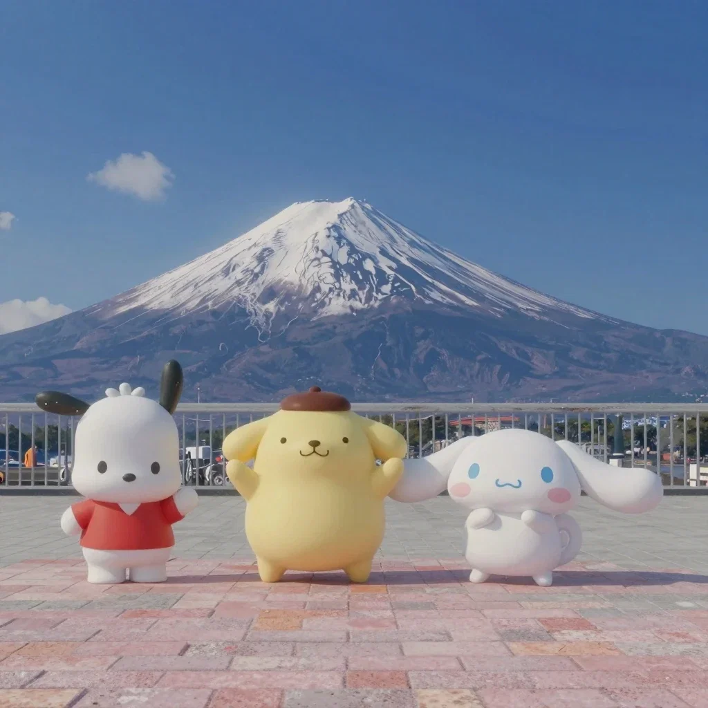 sanrio characters posing happily with mount fuji