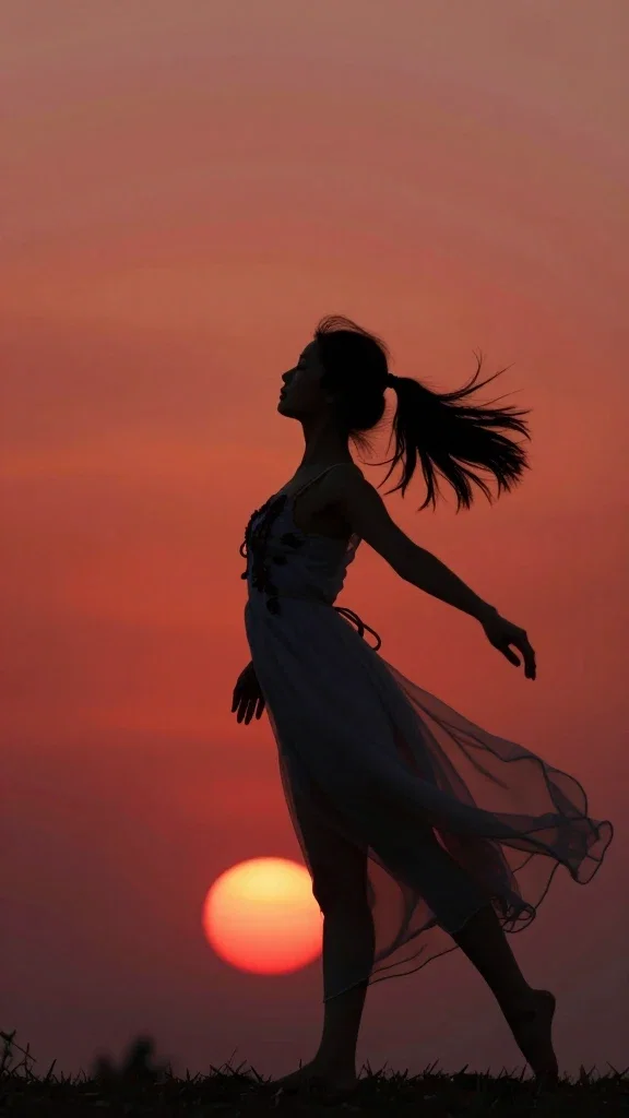 woman dancing in wind at sunset