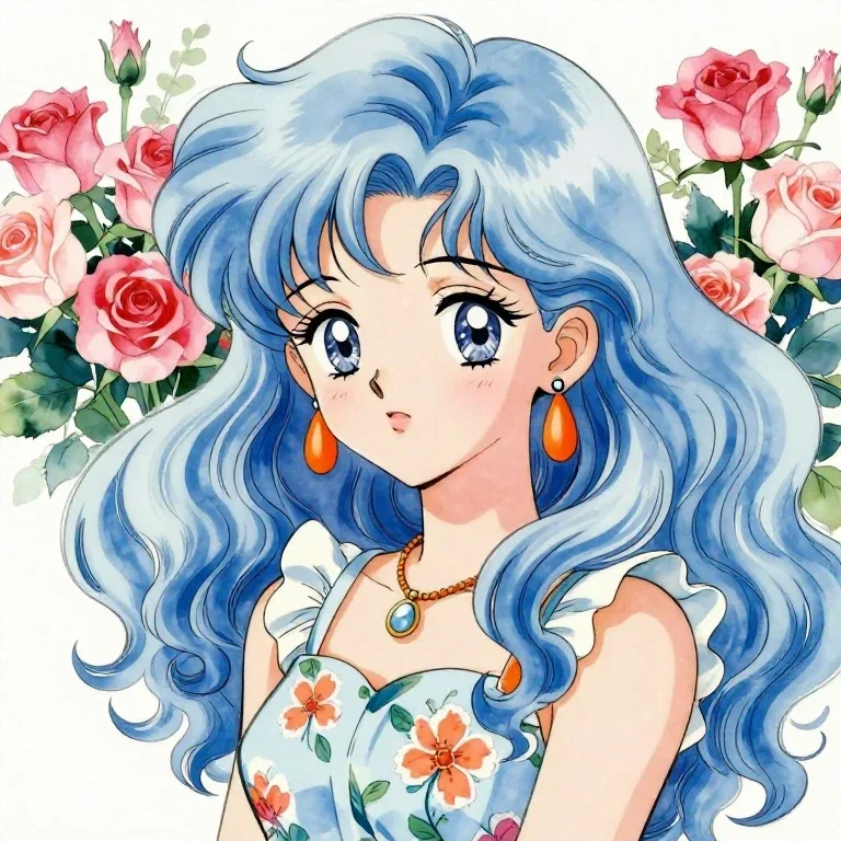 shoujo manga girl blue hair floral dress