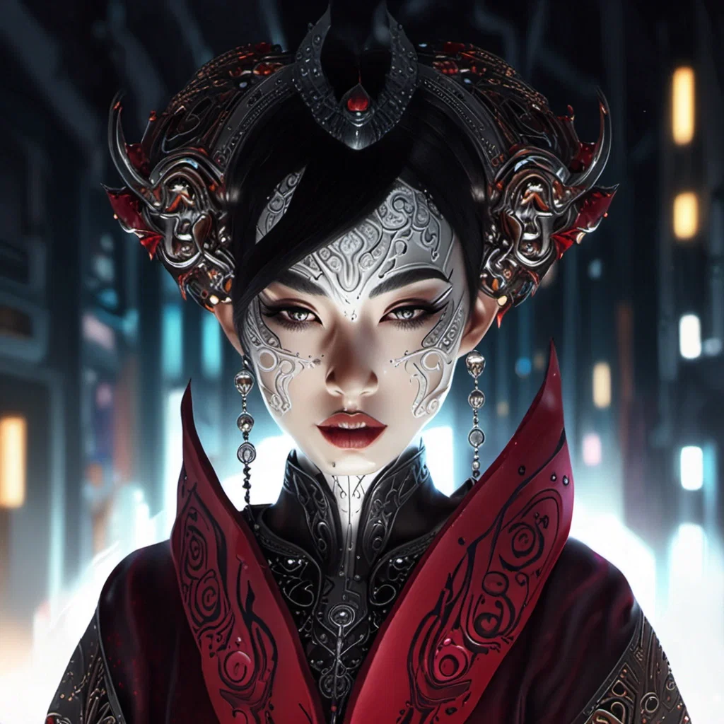 fantasy art asian woman mask futuristic corridor