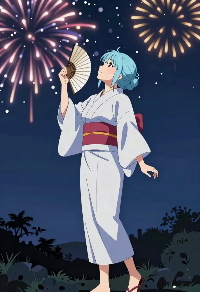 anime girl yukata fireworks night sky
