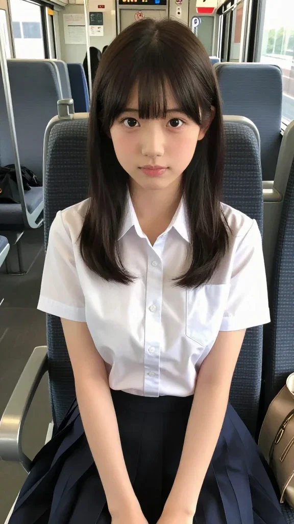 cute girl in school uniform on train