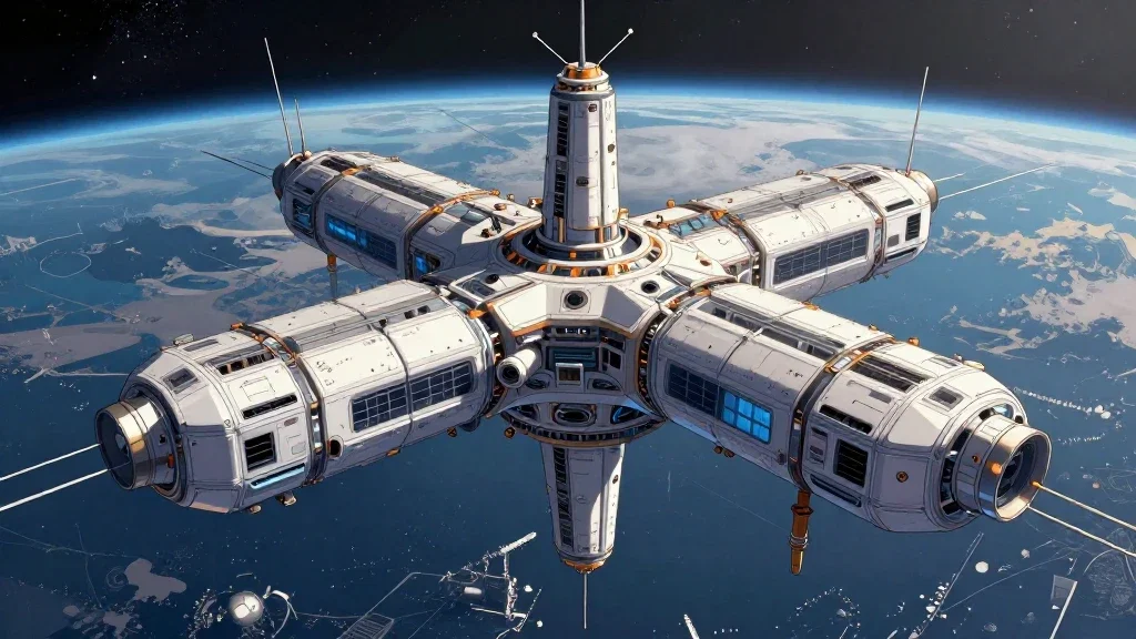 futuristic space station airport from planet view