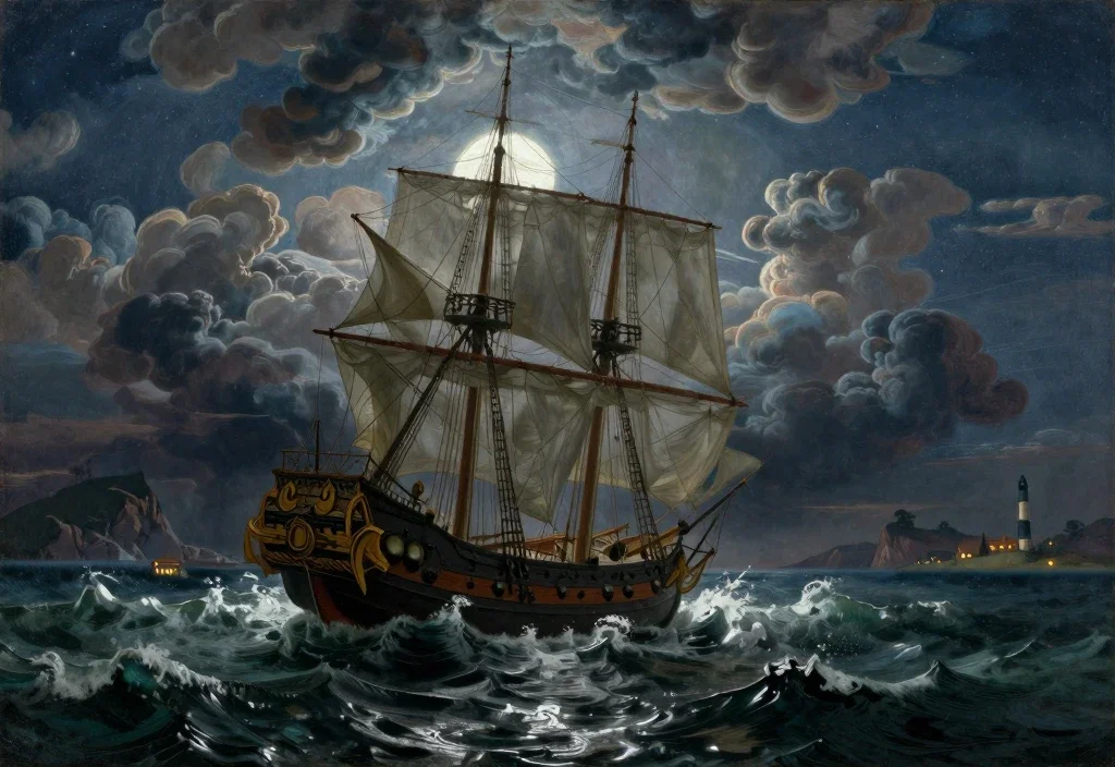 renaissance oil painting stormy sailing ship moonlight