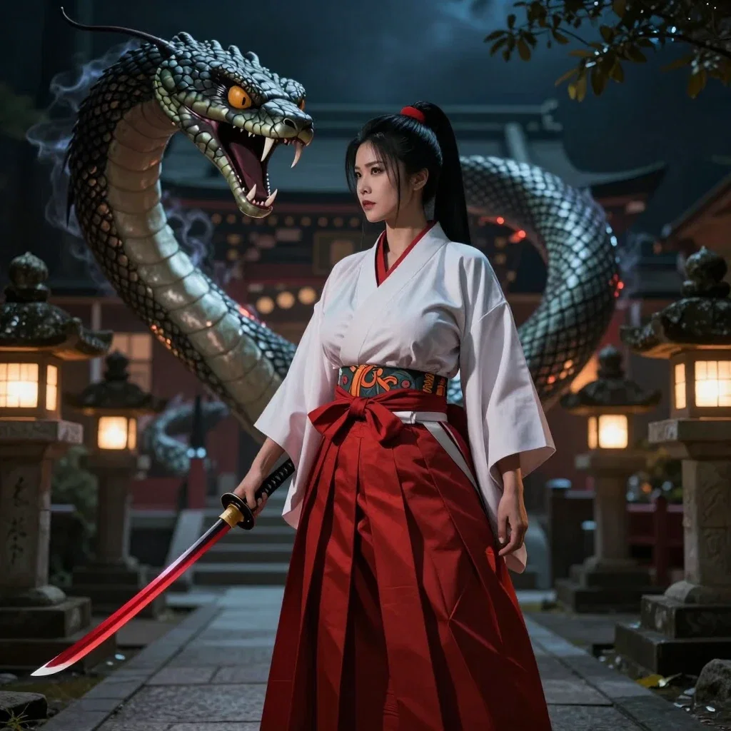 japanese shrine maiden fights serpent at night