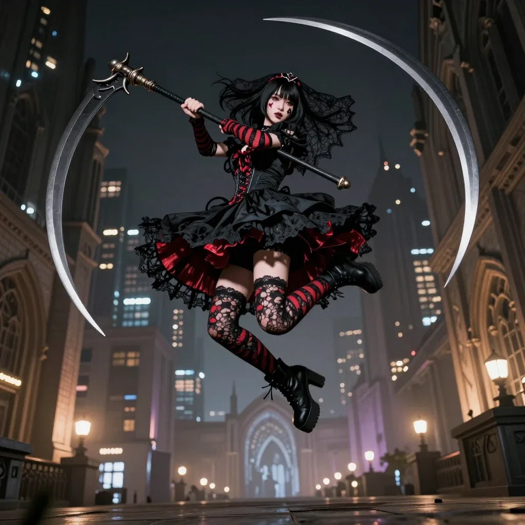 gothic female warrior spinning scythe attack