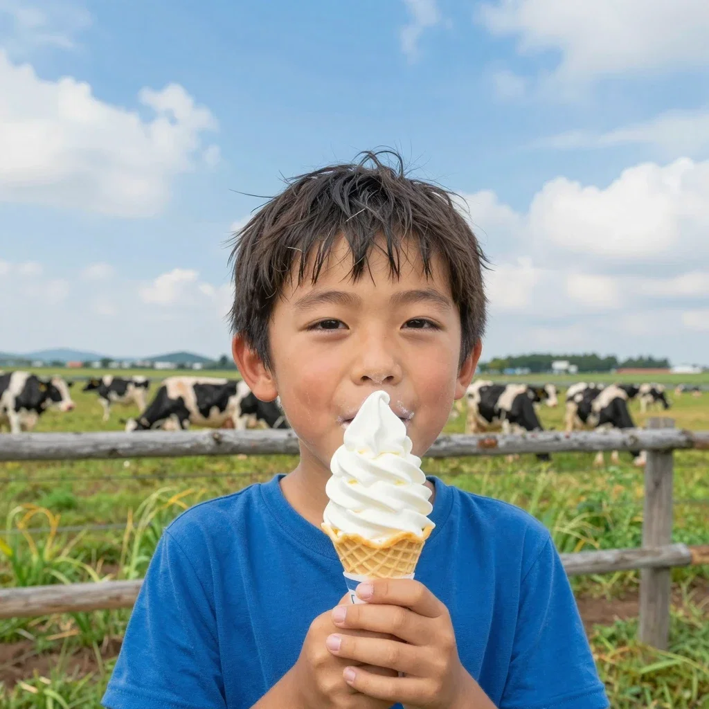 japanese boy eating ice cream in pasture