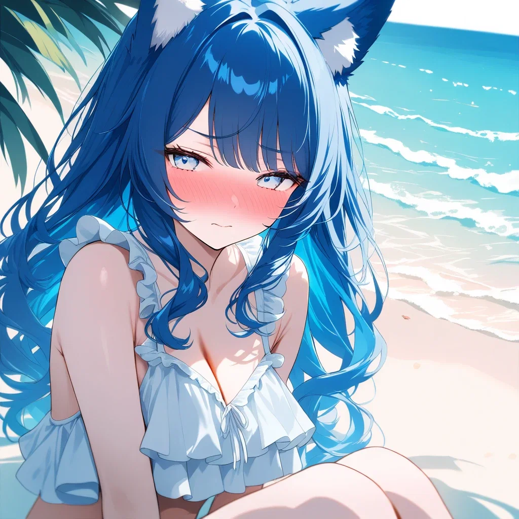 beautiful girl wolf ears blue hair beach
