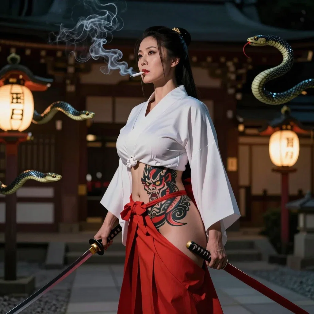 japanese shrine maiden fights serpents at night